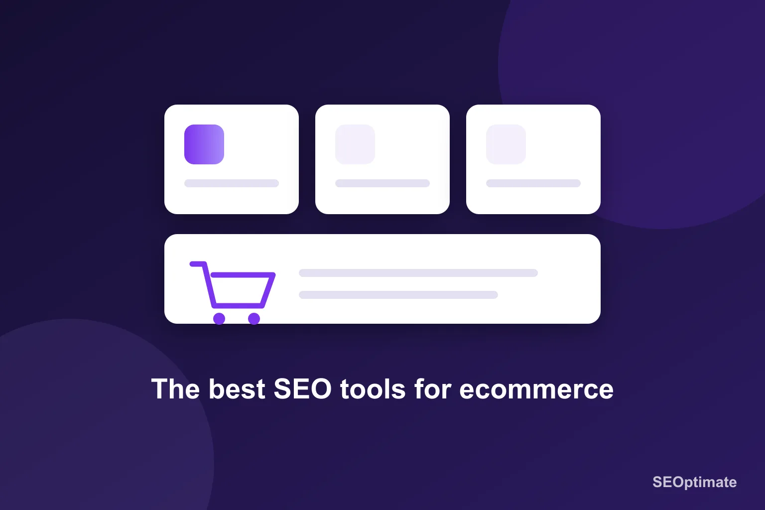 Illustration of SEO tool cards above a shopping cart line graphic