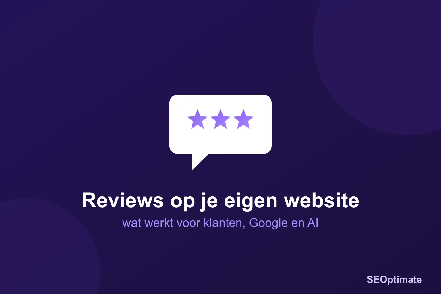 Sterren en tekstballon op donkerpaarse achtergrond, titel: reviews op je eigen website tonen