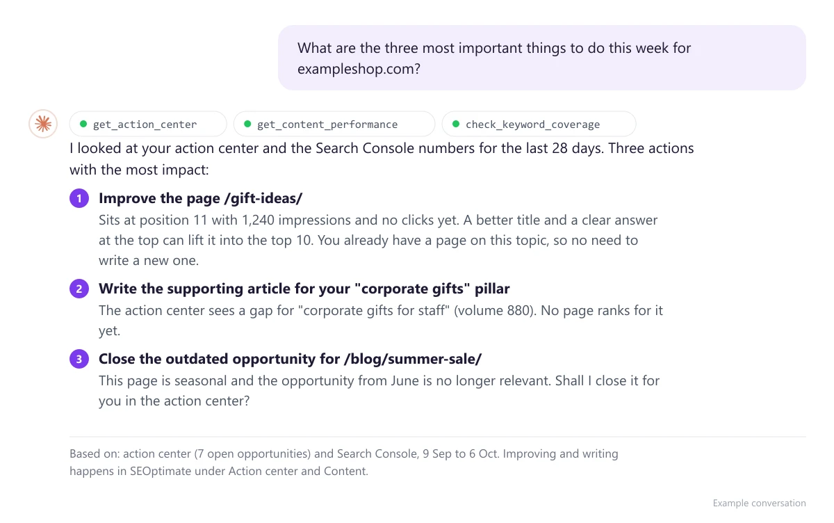 Example conversation in Claude: a question about the most important SEO actions, answered with numbers from SEOptimate