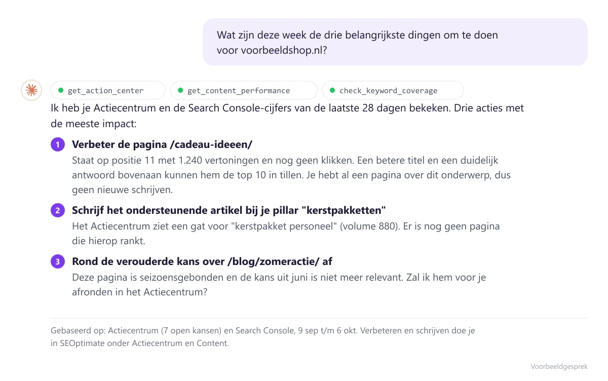 Voorbeeldgesprek in Claude: een vraag over de belangrijkste SEO-acties, beantwoord met cijfers uit SEOptimate
